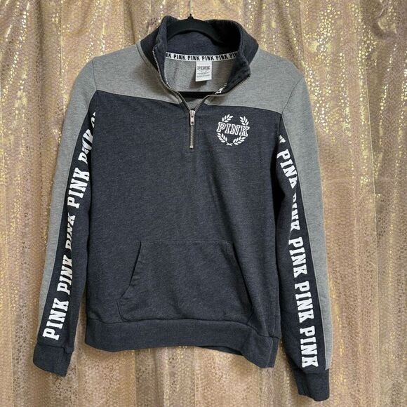 PINK Victorias Secret Love Pink Heather Gray Quarter Zip Pullover Sweater XS - Picture 1 of 5